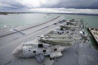 Royal Navy Merlin helicopters on the flight deck of the HMS Queen Elizabeth