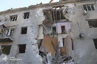 A damaged apartment building after Russia attacked Zaporizhzhia with guided bombs.