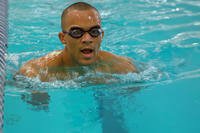 U.S. Air Force Senior Airman Jordan Hansen-Lewis, 4th Aircraft Maintenance Squadron avionics systems apprentice, swims during a portion of a Physical Ability and Stamina Test in Goldsboro, N.C.