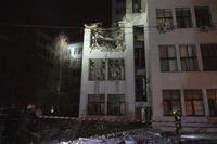 damaged office building after it was hit by Russian aerial guided bombs in central Kharkiv, Ukraine