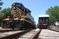 A black and yellow train and a red train.