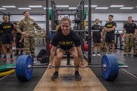 A U.S. Army soldier from the 25th Infantry Division performs a deadlift during the annual Tropic Lightning Week weightlifting competition on Schofield Barracks, Hawaii.