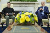 President Joe Biden listens as Ukraine's President Volodymyr Zelenskyy speaks during their meeting.