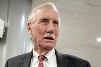 Sen. Angus King, I-Maine, speaks with reporters at the Senate subway on Capitol Hill, March 12, 2024, in Washington.