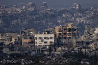 Destroyed buildings by Israeli bombardments as seen inside the Gaza Strip from southern Israel