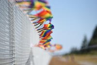 A fence is decorated with pride flags during a pride month event