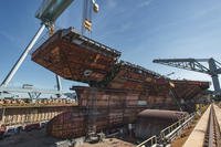 The upper bow unit of the future aircraft carrier USS John F. Kennedy