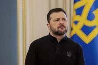 Ukraine's President Volodymyr Zelensky gives a press conference in Kyiv.