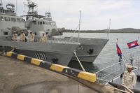 Cambodian navy crew stand on a patrol boat at the Ream Naval Base in Sihanoukville, southwest of Phnom Penh, Cambodia