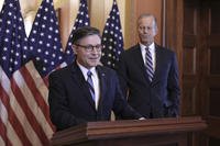 Speaker of the House Mike Johnson, R-La., left, and Senate Majority Leader John Thune, R-S.D., make statements