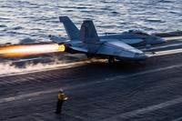 An F/A-18F Super Hornet, attached to Strike Fighter Squadron (VFA) 11, launches from the flight deck of the Nimitz-class aircraft carrier USS Harry S. Truman (CVN 75) during flight operations in the U.S. Central Command area of responsibility on May 5, 2025.