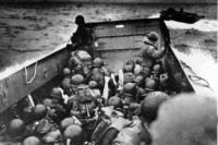 U.S. Coast Guard landing barge at Normandy, France during D-Dy invasion.