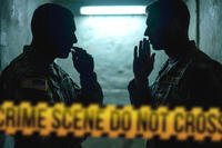 Two shadowy soldiers discussing coverup.