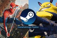 A collage of two open-world games that have Overwhelmingly Positive reviews on Steam: Marvel's Spider-Man Remastered and Palworld.