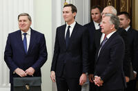Russian Presidential foreign policy adviser Yuri Ushakov stands with Jared Kushner and Steve Witkoff