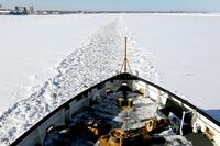 Coast Guard Cutter Neah Bay breaks ice on Lake Erie in February 2015.