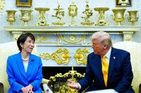 President Donald Trump speaks with Japan's Prime Minister Sanae Takaichi