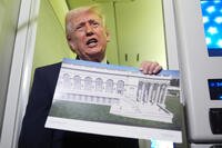 President Donald Trump holds a rendering of the proposed new East Wing of the White House as he speaks to reporters aboard Air Force One en route from West Palm Beach, Fla., to Joint Base Andrews, Md., Sunday, March 29, 2026. (AP Photo/Mark Schiefelbein)