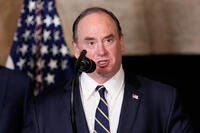 Secretary of the Navy John Phelan speaks, at President Donald Trump's Mar-a-Lago club, Monday, Dec. 22, 2025, in Palm Beach, Fla. (AP Photo/Alex Brandon)