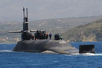 The Ohio-class guided-missile submarine USS Florida (SSGN 728) departs Souda harbor after a routine port visit. (US Navy)