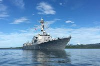 The guided-missile destroyer USS William P. Lawrence (DDG 110) transits Suva Harbor as the ship pulls into Suva, Fiji for a scheduled port visit. (Photo: Lt. j.g. Janie Baird)