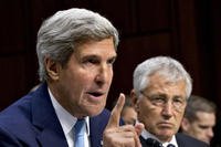 Defense Secretary Chuck Hagel listens at right as Secretary of State John Kerry testifies on Capitol Hill in Washington, Tuesday, Sept. 3, 2013, before the Senate Foreign Relations Committee.