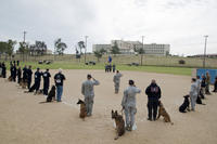 Military and civilian police K-9 handlers gather for the presentation of colors and the National Anthem before the 2014 Defenders K-9 Trials May 17, 2014, at Travis Air Force Base, Calif.