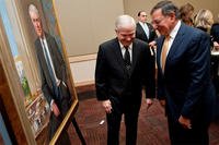 Leon E. Panetta, right, and his predecessor Robert M. Gates, share a laugh during the ceremony to unveil a portrait of Gates at the Pentagon, Oct. 29, 2012. (DOD photo by U.S. Navy Petty Officer 1st Class Chad J. McNeeley)