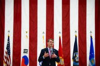 U.S. Defense Secretary Ash Carter speaks to service members during a troop event on Osan Air Base in South Korea, April 9, 2015. Carter. (DoD photo by U.S. Navy Petty Officer 2nd Class Sean Hurt)