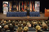 Col. Deydre Teyhen, lead for the Performance Triad program, Army Office of the Surgeon General, speaks to 300 ROTC and U.S. Military Academy at West Point, N.Y., cadets on Fort Leavenworth, Kan., March 31, 2015. (U.S. Army photo)