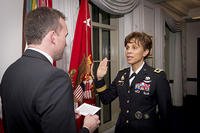 Acting Army Secretary Eric Fanning swears in Lt. Gen. Nadja West as the 44th surgeon general of the Army and commanding general of U.S. Army Medical Command, Dec. 11, 2015. (U.S. Army/John Martinez)