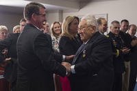 Secretary of Defense Ash Carter shakes Dr. Henry A. Kissinger's hand during an award ceremony at the Pentagon honoring him for his years of distinguished public service May 9, 2016. (DoD photo by Senior Master Sgt. Adrian Cadiz)