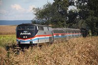 Amtrak train in field.