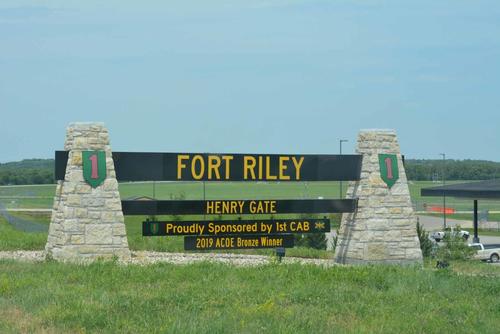 The sign at the Henry Gate entrance of Fort Riley, Kansas.