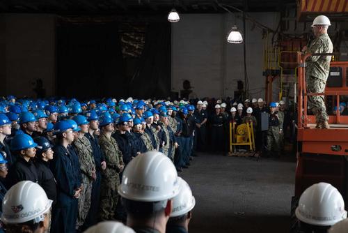 MCPON Russell L. Smith addresses the crew aboard the USS George Washington.