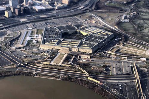 The Pentagon is seen in this aerial view made through an airplane window in Washington.