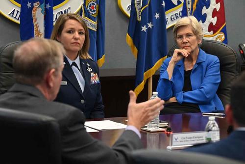 U.S. Sen. Elizabeth Warren visits to Hanscom Air Force Base, Mass.