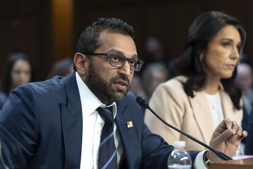 FBI Director Kash Patel, joined at right by Director of National Intelligence Tulsi Gabbard, answers questions