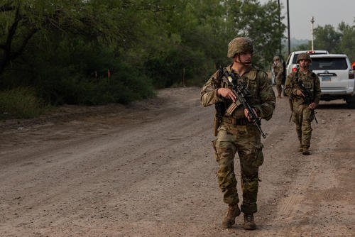 South Carolina Army National Guard soldiers, assigned to 132nd Military Police Company, 168th Military Police Battalion, 90th Sustainment Brigade, Task Force Tough Hombres, conduct foot patrols along the southern border near Rio Grande City, Texas.