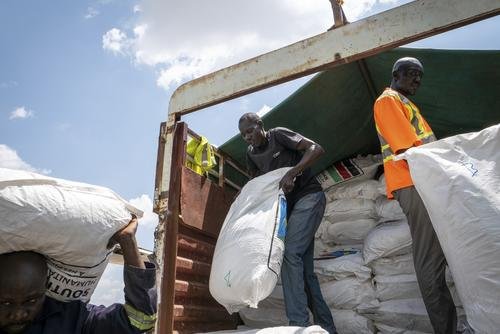 A Fogbow aid plane is loaded at an airport in Juba, South Sudan