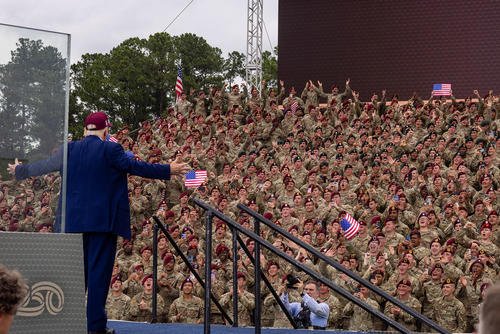 President Donald Trump greets troops at at Fort Bragg